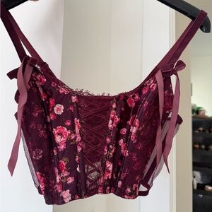 Elegant Floral Lace Up Corset Top - Burgundy